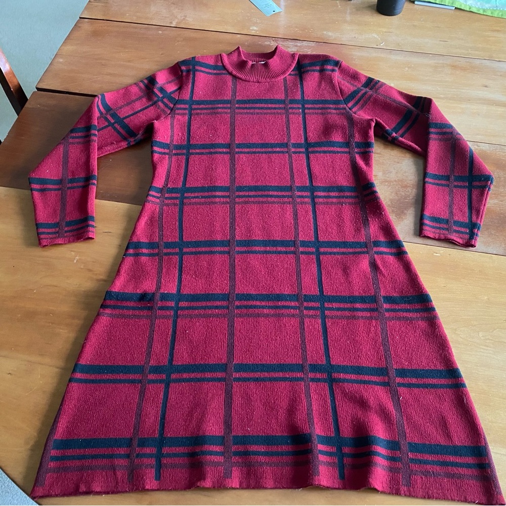 Cabincore Red Black Windowpane Plaid Long Sleeve Sweater Dress Preppy Cozy XL
